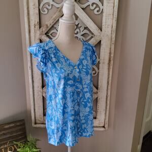 Kiwi Fresh Blue Floral Ruffle Cap Sleeve Button Front Blouse Small Cottagecore